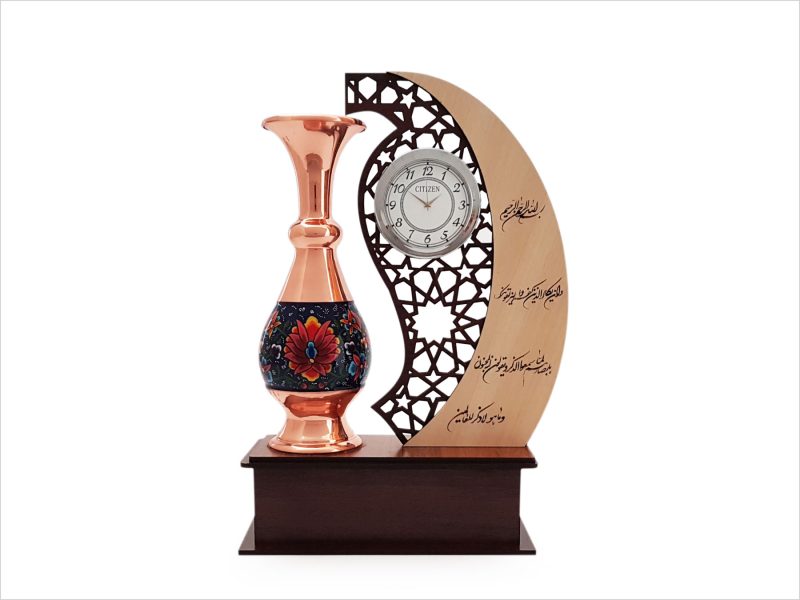 تندیس ساعت دار مس و پرداز طرح مهر و ماه